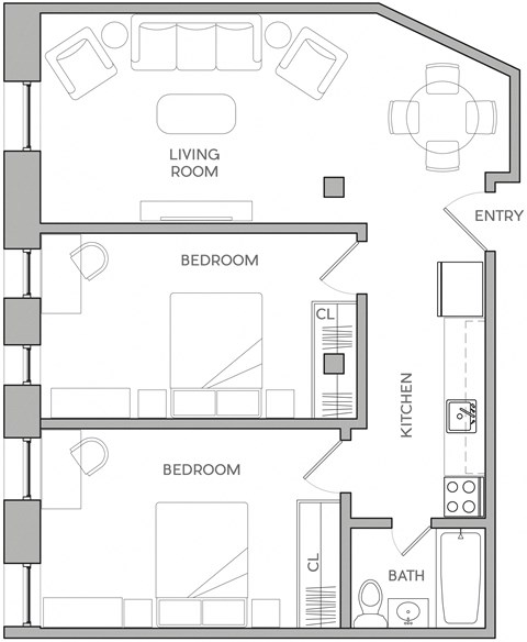 Floor plan for 2 beds, 1 bath, 1100 sqft