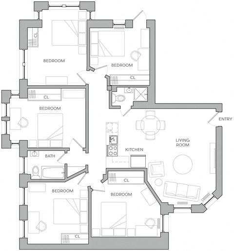Floor plan for 5 beds, 2 baths, 1610 sqft