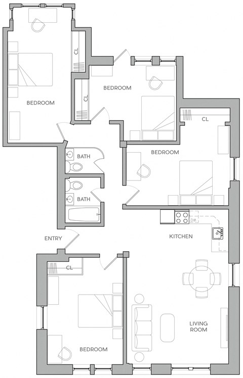 Floor plan for 4 beds, 1 bath, 1590 sqft
