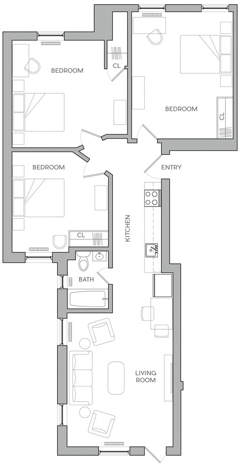 Floor plan for 3 beds, 1 bath, 1310 sqft
