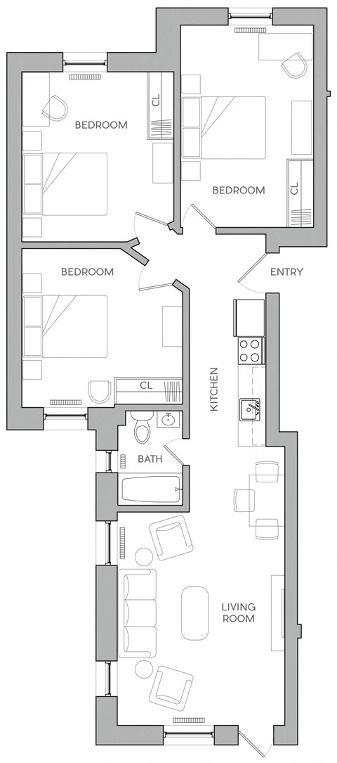 Floor plan for 3 beds, 1 bath, 1310 sqft