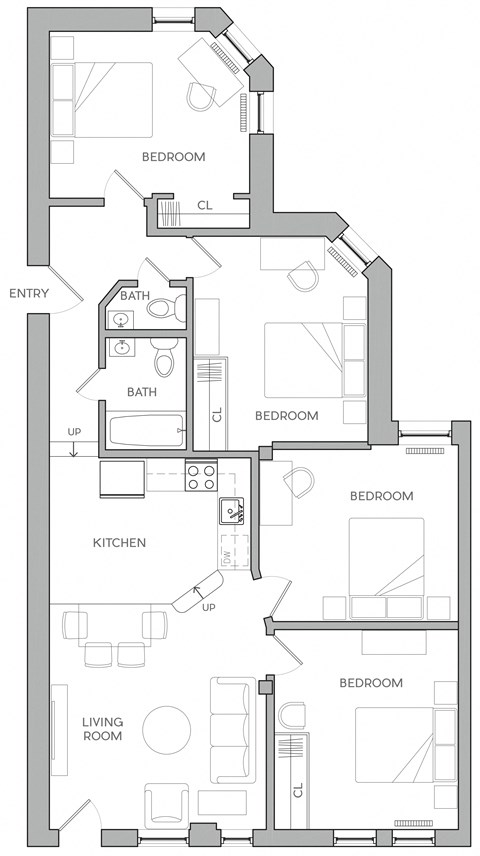 Floor plan for 4 beds, 1 bath, 1540 sqft