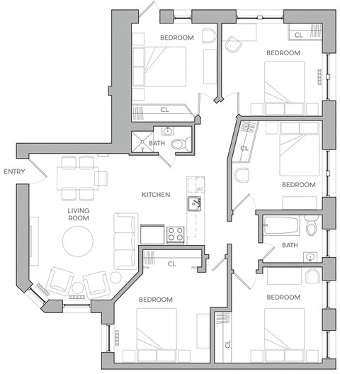 Floor plan for 5 beds, 2 baths, 1610 sqft