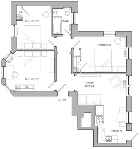 Floor plan for 3 beds, 1 bath, 1310 sqft