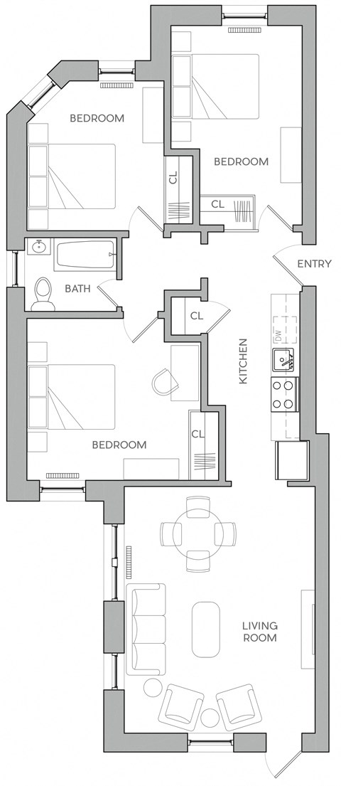 Floor plan for 3 beds, 1 bath, 1315 sqft
