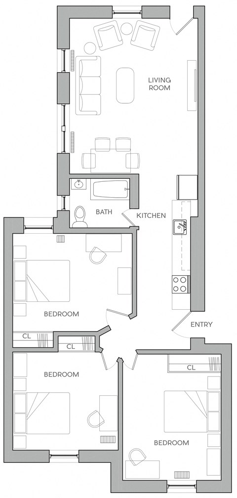 Floor plan for 3 beds, 1 bath, 1300 sqft