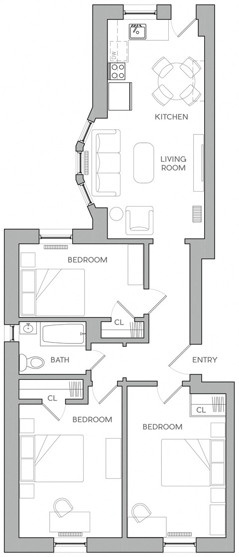 Floor plan for 3 beds, 1 bath, 1160 sqft