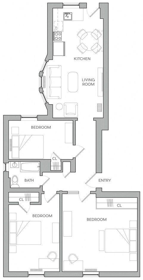 Floor plan for 3 beds, 1 bath, 1310 sqft