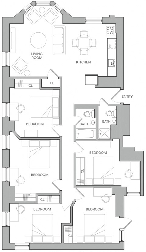 Floor plan for 5 beds, 2 baths, 1780 sqft