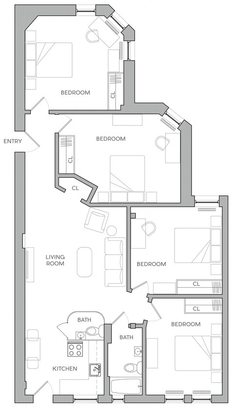 Floor plan for 4 beds, 1 bath, 1540 sqft