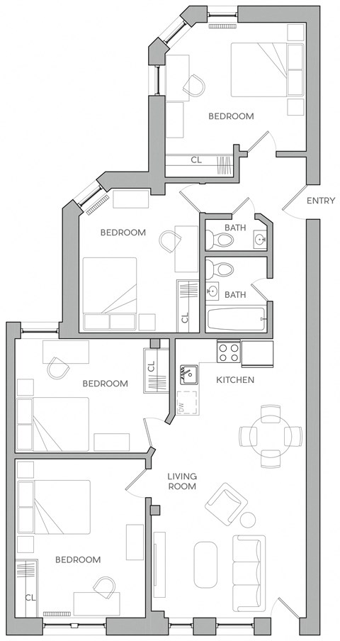 Floor plan for 4 beds, 1 bath, 1590 sqft