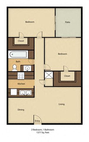 Floor plan for 2 beds, 1.5 baths, 1377 sqft