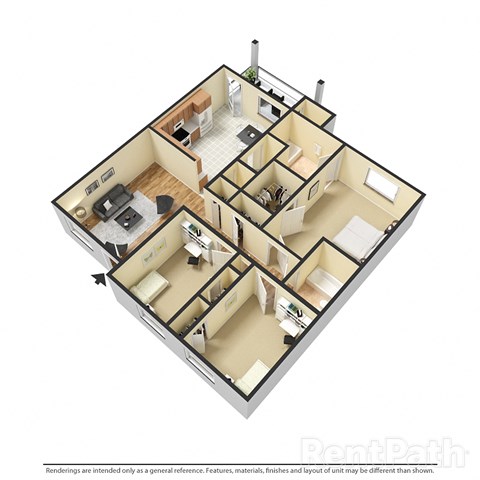 Floor plan for 3 beds, 2 baths, 1106 sqft