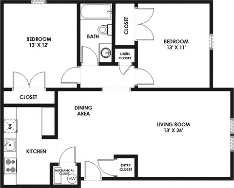 Floor plan for 2 beds, 1 bath