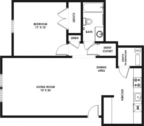 Floor plan for 1 bed, 1 bath, 750 sqft