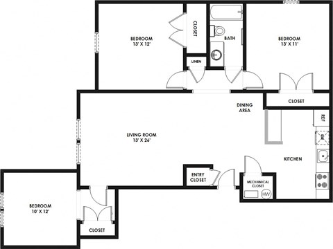 Floor plan for 3 beds, 1 bath