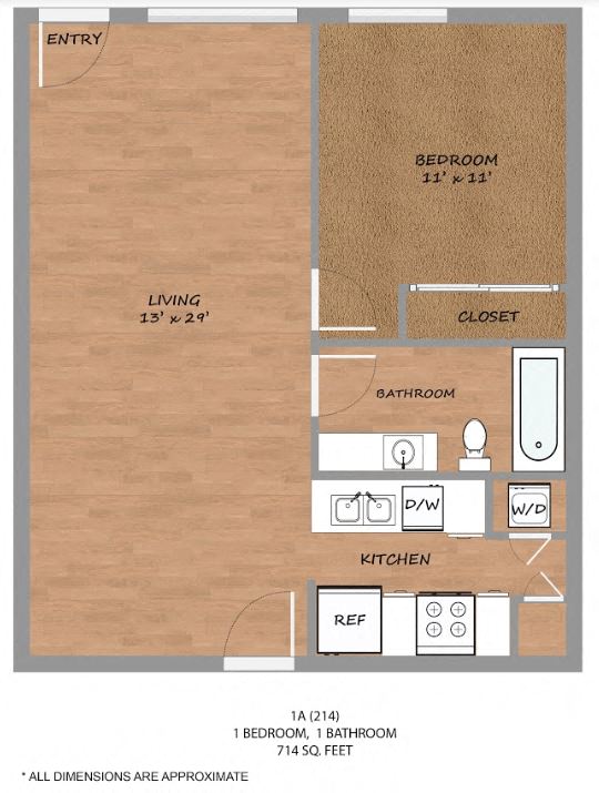 Floor plan for 1 bed, 1 bath, 714 sqft