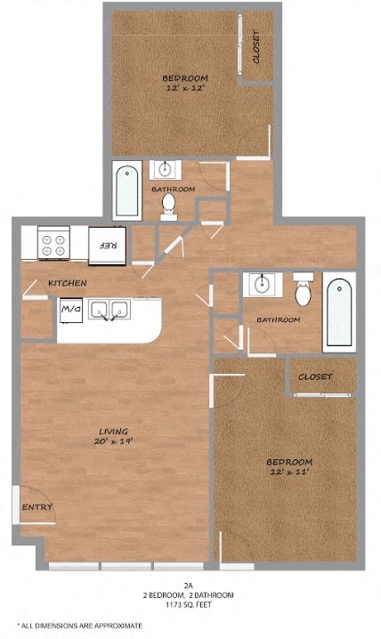 Floor plan for 2 beds, 2 baths, 1173 sqft