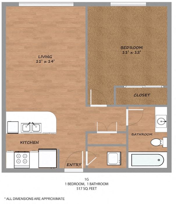 Floor plan for 1 bed, 1 bath, 517 sqft