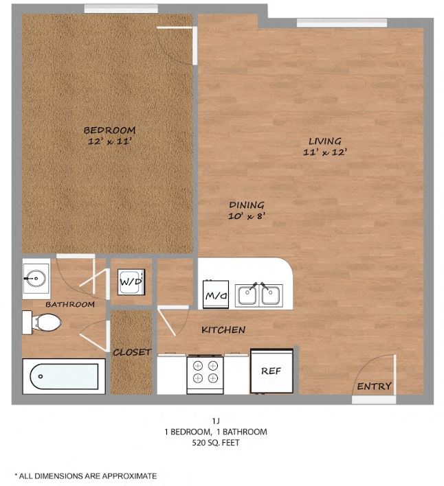 Floor plan for 1 bed, 1 bath, 520 sqft
