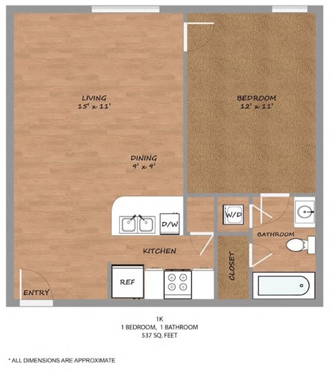 Floor plan for 1 bed, 1 bath, 537 sqft