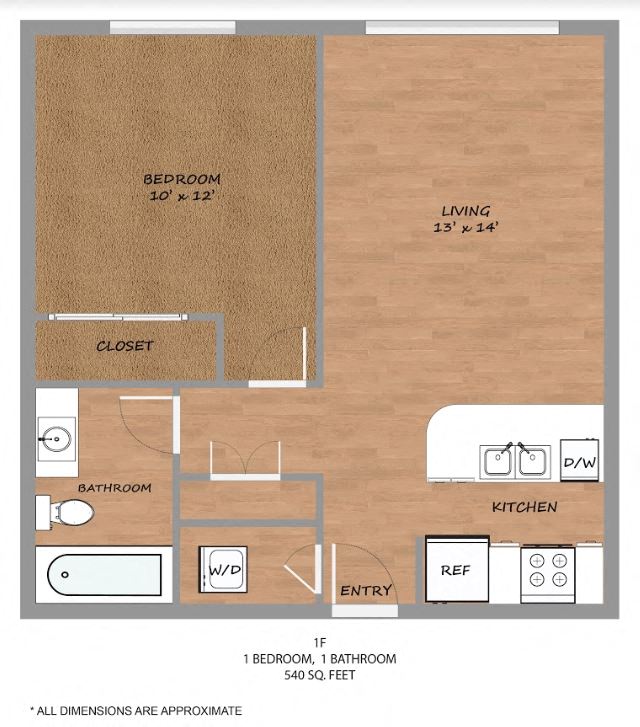 Floor plan for 1 bed, 1 bath, 540 sqft