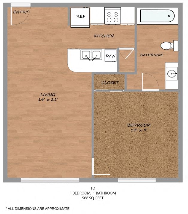 Floor plan for 1 bed, 1 bath, 572 sqft