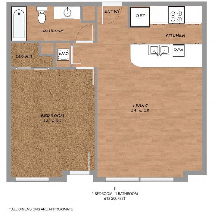 Floor plan for 1 bed, 1 bath, 618 sqft