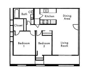 Floor plan for 2 beds, 1 bath, 771 sqft
