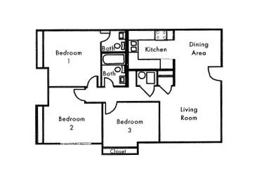 Floor plan for 3 beds, 1.5 baths, 906 sqft