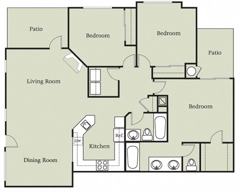Floor plan for 3 beds, 2 baths, 1220 sqft
