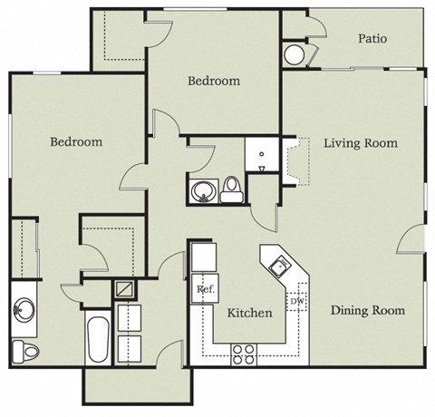 Floor plan for 2 beds, 2 baths, 1040 sqft
