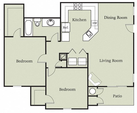 Floor plan for 2 beds, 1 bath, 910 sqft
