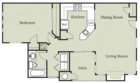 Floor plan for 1 bed, 1 bath, 800 sqft