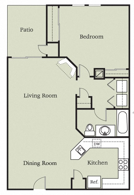 Floor plan for 1 bed, 1 bath, 830 sqft