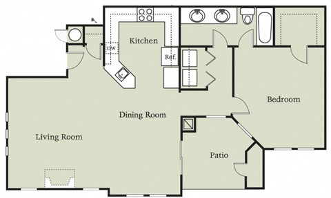 Floor plan for 1 bed, 1 bath, 875 sqft