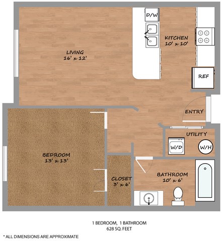 Floor plan for 3 beds, 1 bath, 1000 sqft