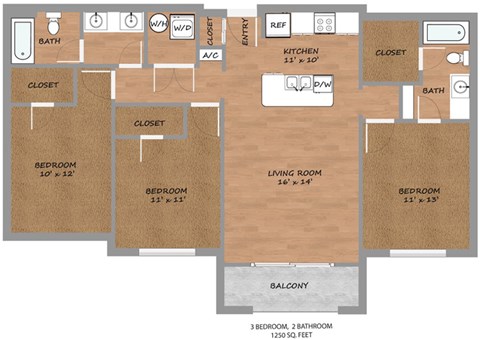 Floor plan for 3 beds, 2 baths, 1250 sqft
