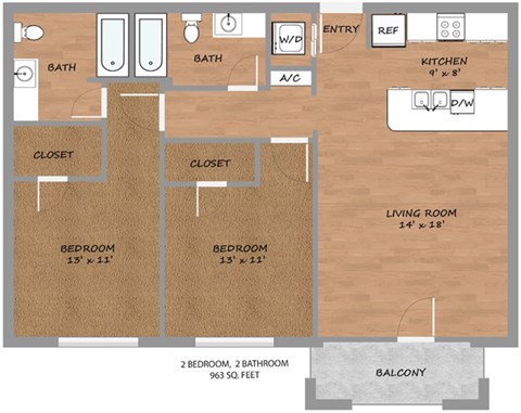 Floor plan for 2 beds, 2 baths, 963 sqft