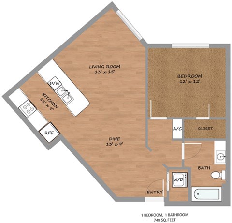 Floor plan for 1 bed, 1 bath, 748 sqft