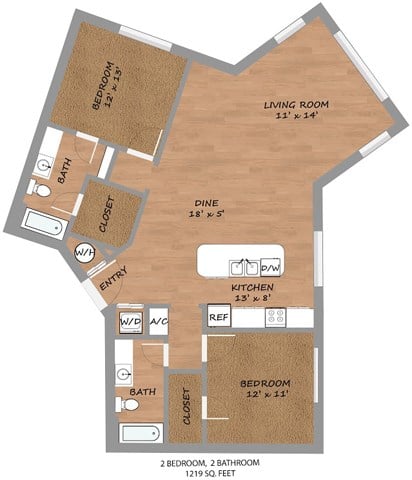 Floor plan for 2 beds, 2 baths, 1138 sqft