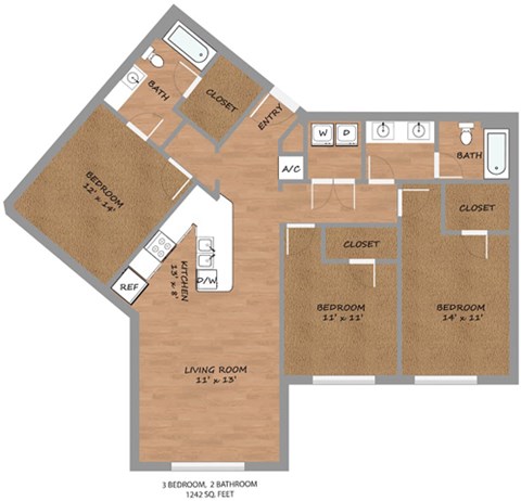 Floor plan for 3 beds, 2 baths, 1242 sqft