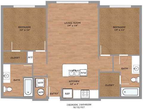 Floor plan for 2 beds, 2 baths, 967 sqft