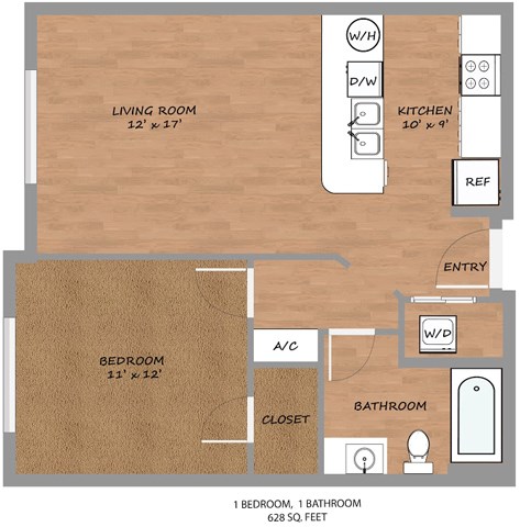 Floor plan for 1 bed, 1 bath, 628 sqft