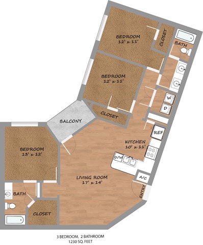 Floor plan for 3 beds, 2 baths, 1230 sqft