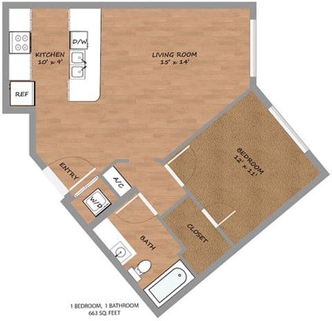 Floor plan for 1 bed, 1 bath, 663 sqft