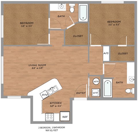 Floor plan for 2 beds, 2 baths, 969 sqft