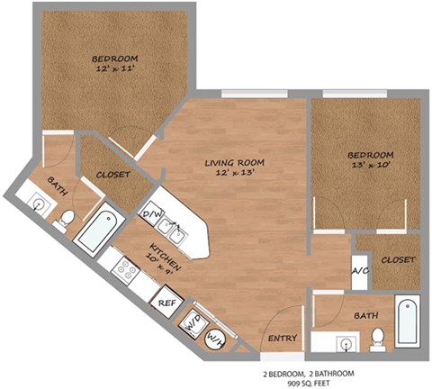 Floor plan for 2 beds, 2 baths, 909 sqft