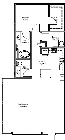 Floor plan for 1 bed, 1.5 baths, 1260 sqft