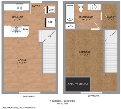 Floor plan for 1 bed, 1 bath, 662 sqft